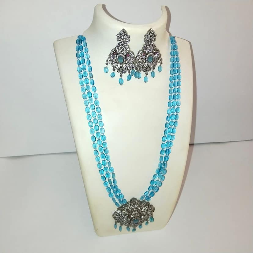 Silver Long Necklace Set With Sky Blue Beads view 2
