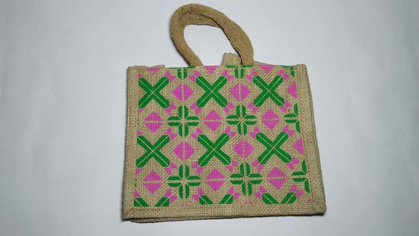 "Jute Bag with Pink and Green Geometric Print" view 2