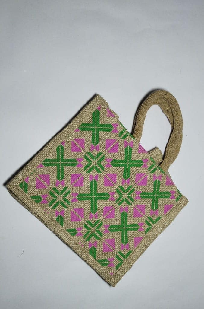 "Jute Bag with Pink and Green Geometric Print" view 3