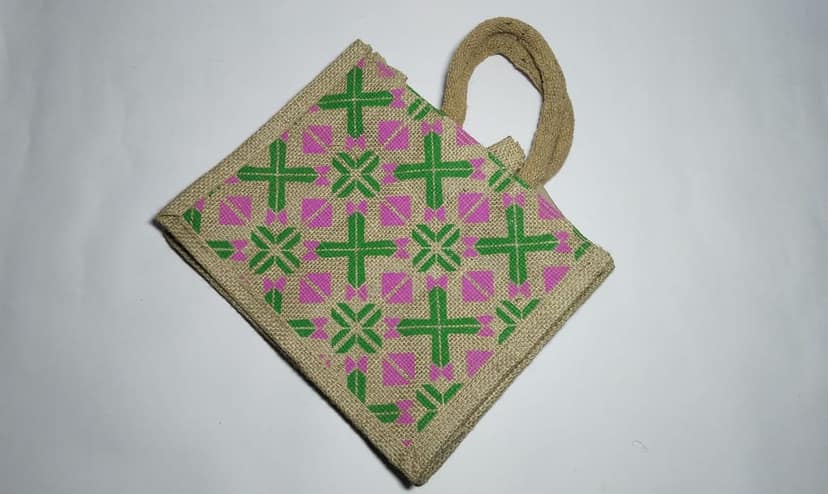"Jute Bag with Pink and Green Geometric Print" view 4