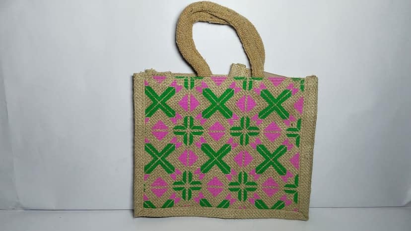 "Jute Bag with Pink and Green Geometric Print" view 5