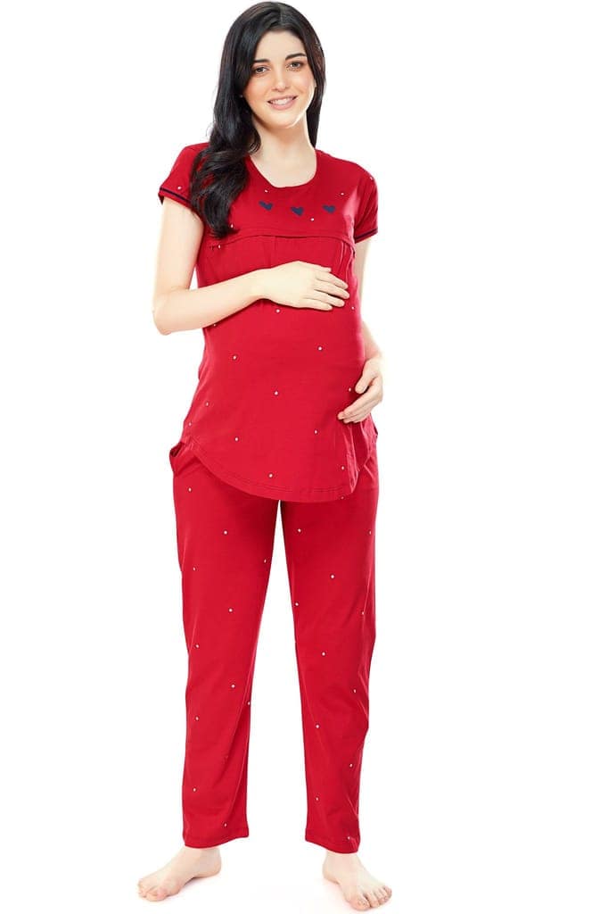 ZEYO Women Cotton Navy Blue Dot Print Maternity & Feeding Night Suit view 5