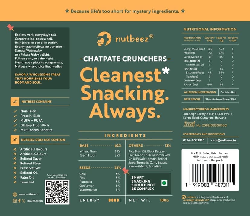 Assosrted Pack of 4 nutbeez snacks 1.nutbeez Oats Bites 2.nutbeez Ragi Bites3.nutbeez Chatpate Crunchers 4.nutbeez Savoury Mixture|Protein Rich|Guilt Free Clean Snacking| Power of 5 Seeds| Chai ke dost| Preservative Free view 7
