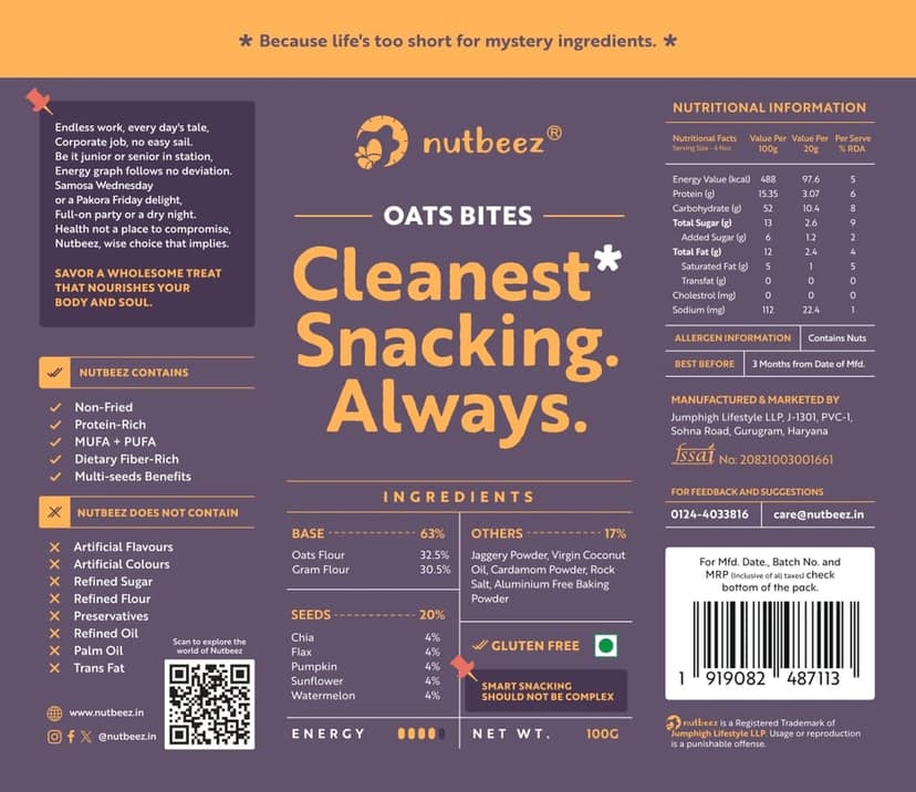 Assosrted Pack of 4 nutbeez snacks 1.nutbeez Oats Bites 2.nutbeez Ragi Bites3.nutbeez Chatpate Crunchers 4.nutbeez Savoury Mixture|Protein Rich|Guilt Free Clean Snacking| Power of 5 Seeds| Chai ke dost| Preservative Free view 8