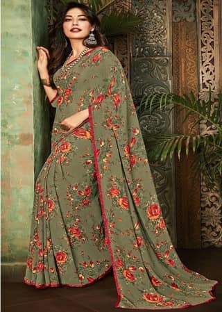 Digital Printed Georgette Saree in Dusty Green