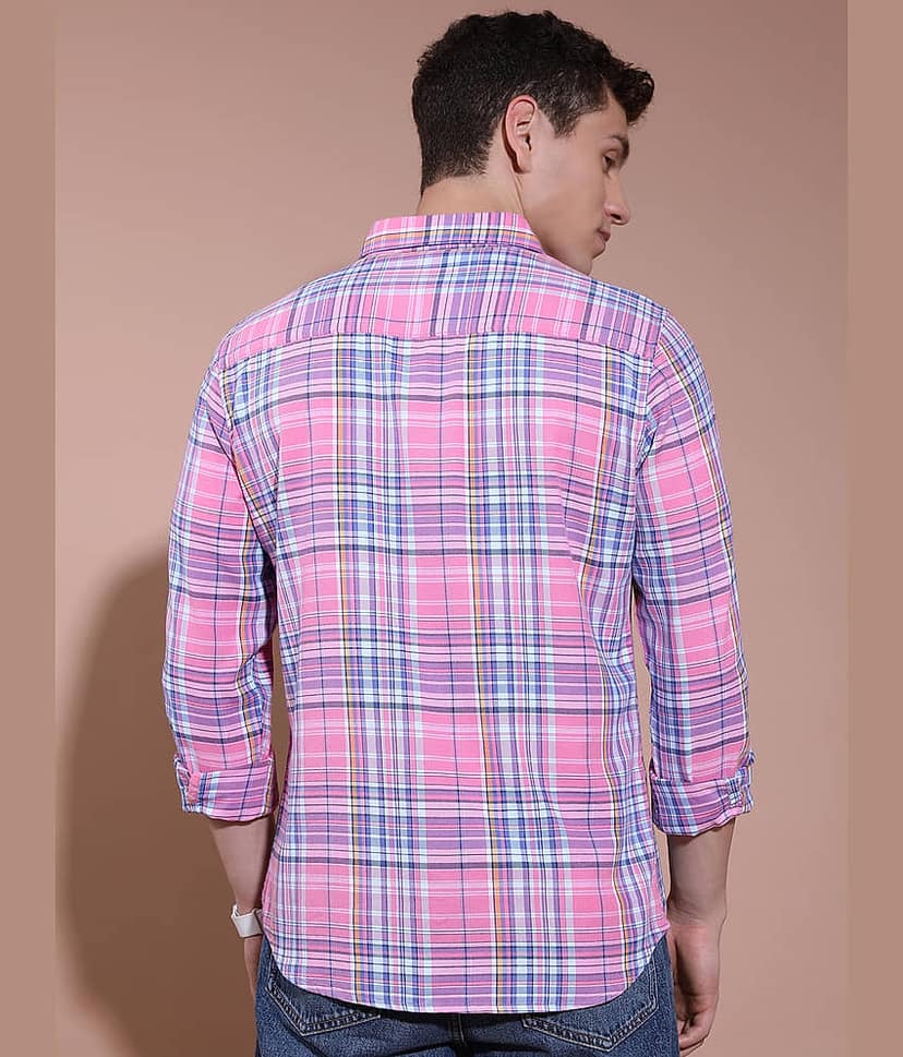 Highlander Cotton Blend Slim Fit Checks Full Sleeves Men's Casual Shirt - Pink ( Pack of 1 ) view 3