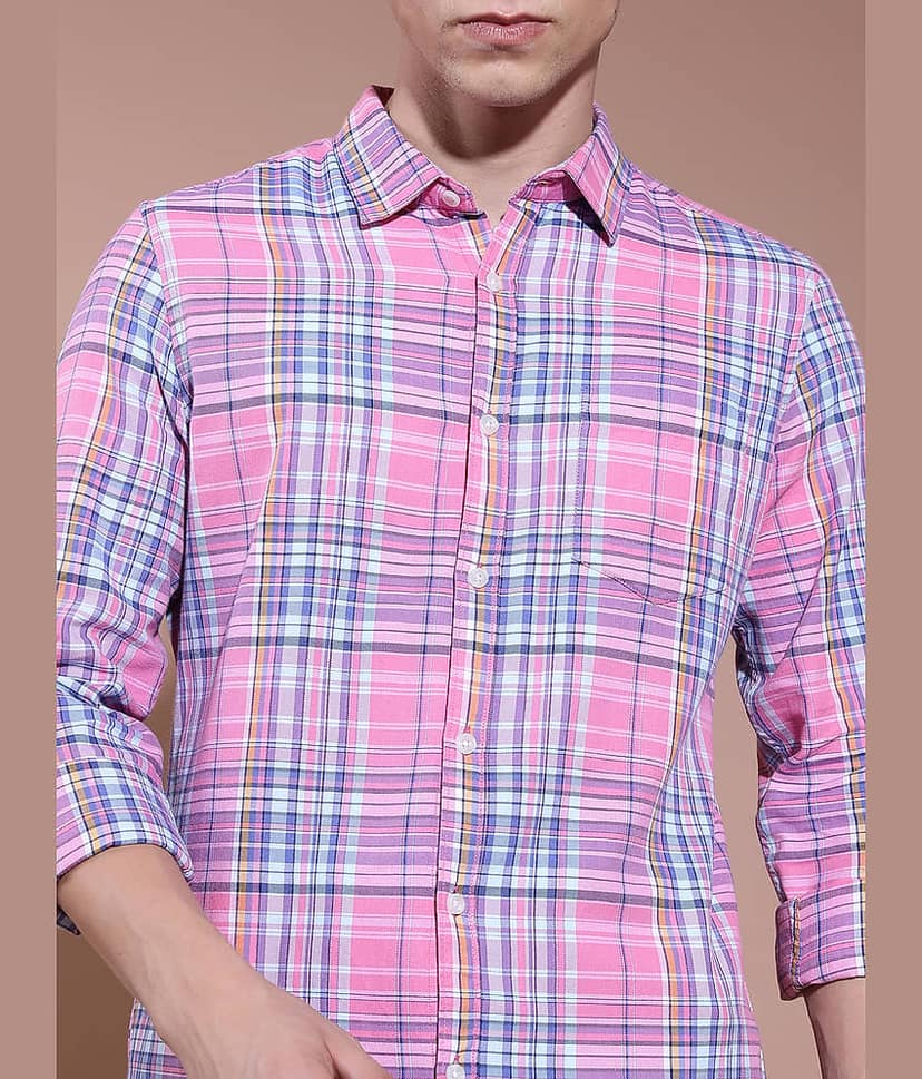 Highlander Cotton Blend Slim Fit Checks Full Sleeves Men's Casual Shirt - Pink ( Pack of 1 ) view 5