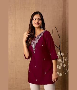 Aura Glam Women's Viscose Rayon Embroidered Straight Kurti - ( Wine )