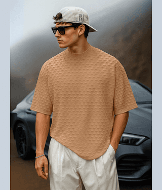 Leotude Men Cotton Blend Oversized Fit Solid T-Shirt ( Peach )