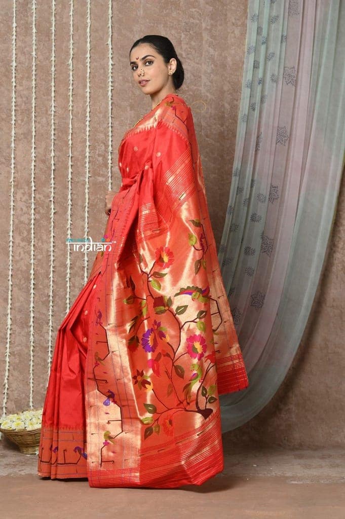 Tyohaar ~ Signature Weave! Handloom Pure Silk Paithani Saree with Handcrafted Traditional Floral Bageecha Pallu ~ Bright Red view 3