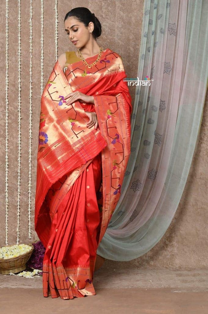 Tyohaar ~ Signature Weave! Handloom Pure Silk Paithani Saree with Handcrafted Traditional Floral Bageecha Pallu ~ Bright Red view 4
