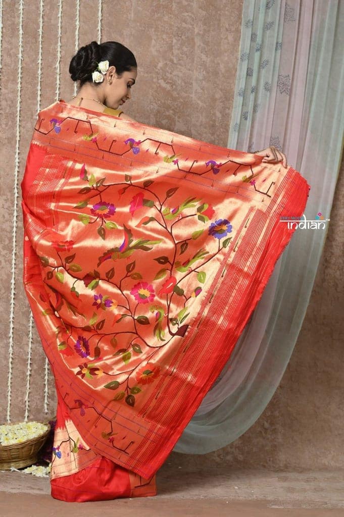 Tyohaar ~ Signature Weave! Handloom Pure Silk Paithani Saree with Handcrafted Traditional Floral Bageecha Pallu ~ Bright Red view 5