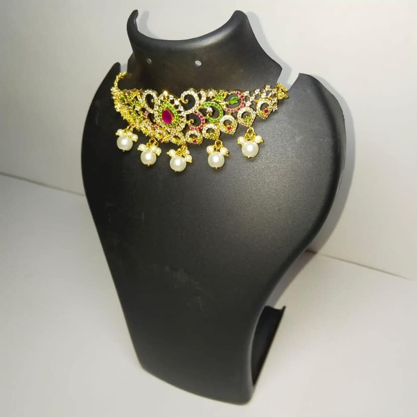 Gold-plated Kundan and Pearl Choker Necklace Set with Green Stones and Pearls view 2