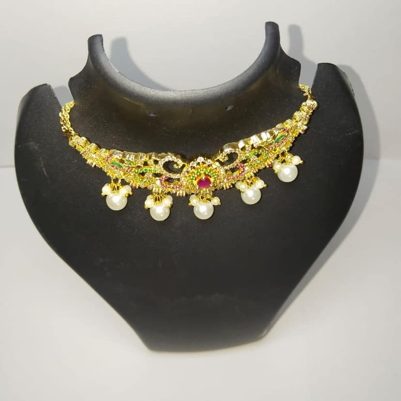 Gold-plated Kundan and Pearl Choker Necklace Set with Green Stones and Pearls view 3