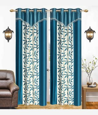 Stella Creations Floral Semi-Transparent Eyelet Curtain 9 ft ( Pack of 3 ) - Light Blue