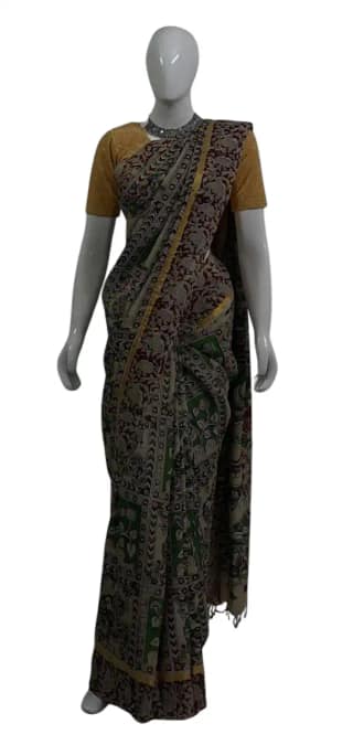 Kalamkari Mangalgiri Silk Cotton Saree Maroon Green