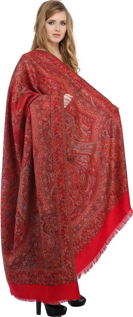 Rococco-Red Reversible Jamawar Shawl with Woven Paisleys view 2