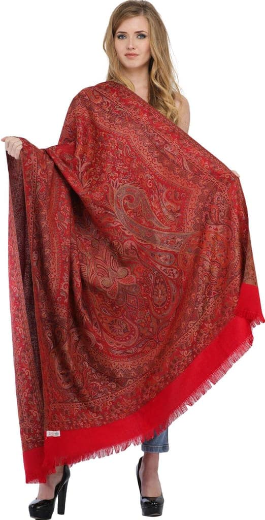 Rococco-Red Reversible Jamawar Shawl with Woven Paisleys view 3