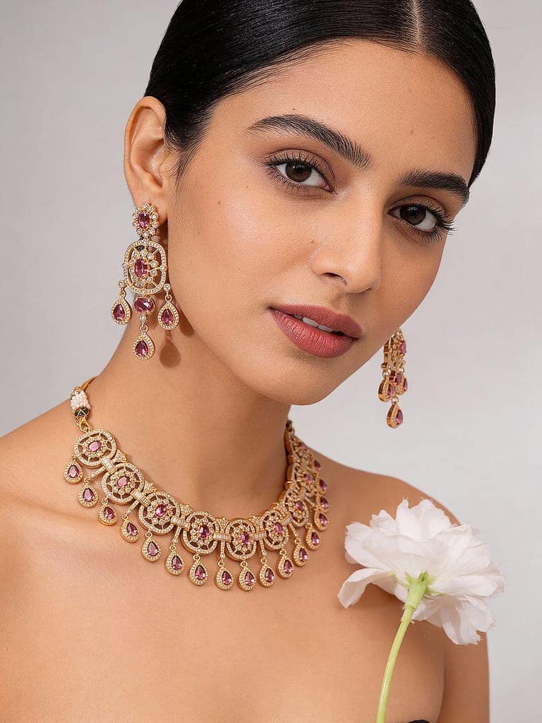 Gold Plated Ruby Red AD Studded Luxe Choker Jewellery Set view 2