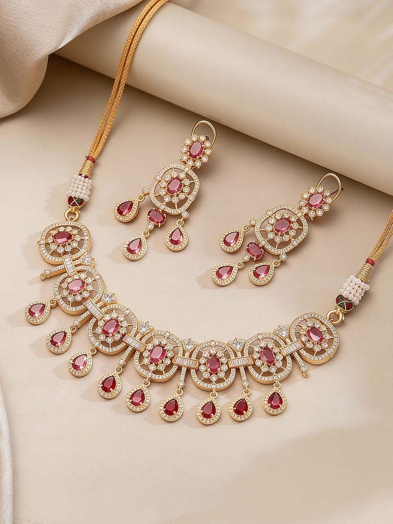 Gold Plated Ruby Red AD Studded Luxe Choker Jewellery Set view 3