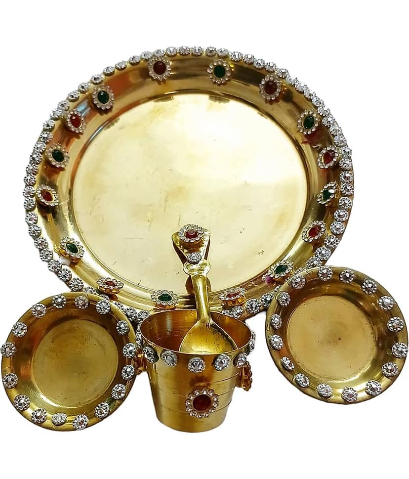 Golden Brass Pooja Bhog Thali with 2 Bowls, 1 Spoon & 1 Glass view 2