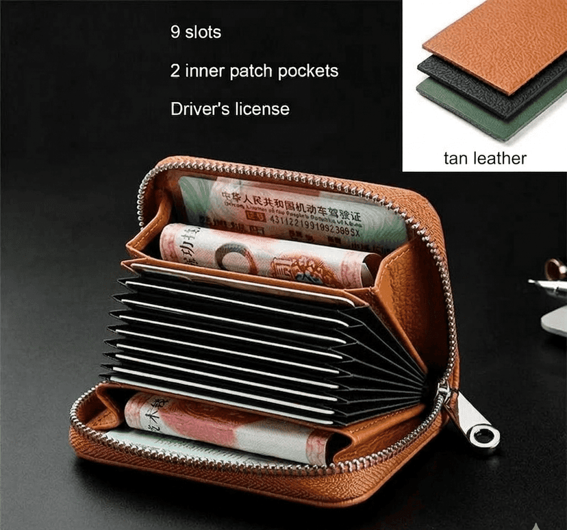 Brown Grained Leather Zippered Card Holder Wallet for Man And Woman view 3