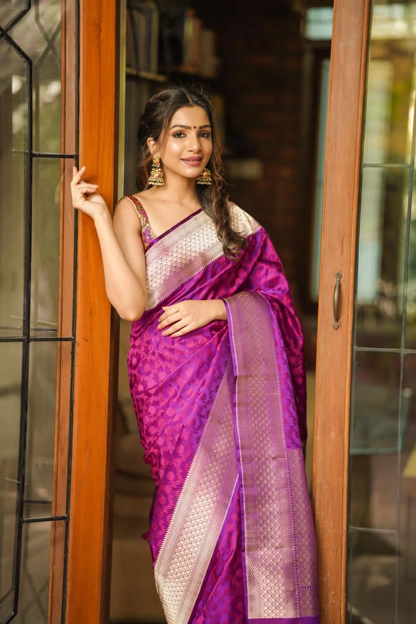 Purple Exquisite Tanchoi Floral Banarasi Saree in Pure Silk Satin with Zari detailing | SILK MARK CERTIFIED view 3