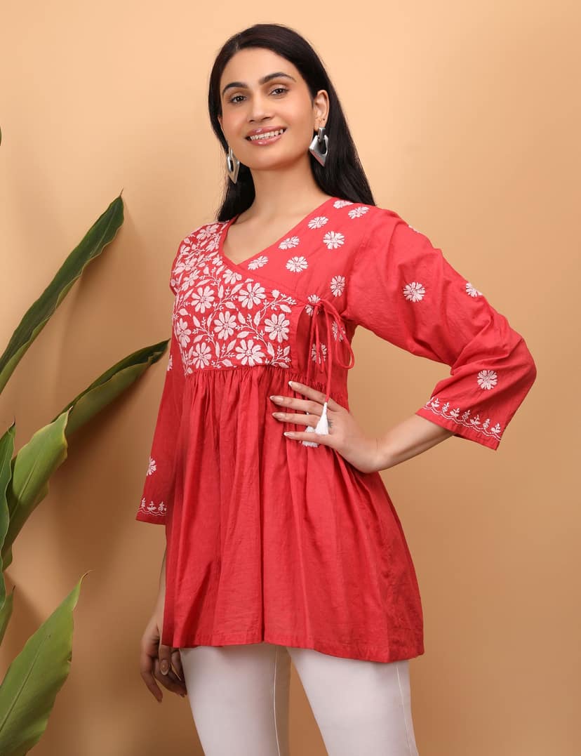 Shwet Women Red Chikankari Angarkha Top view 3