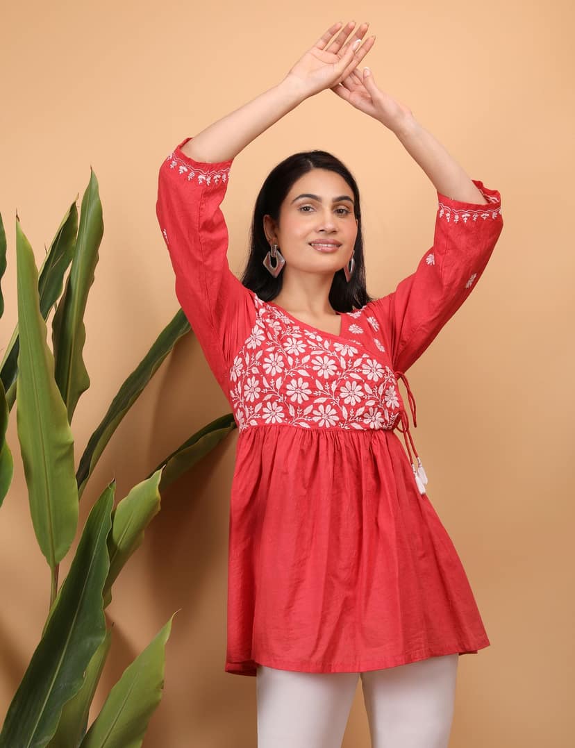 Shwet Women Red Chikankari Angarkha Top view 4