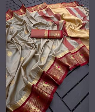 VEERAIVA Cotton Silk Self Design Saree With Unstitched Blouse Piece ( Beige )