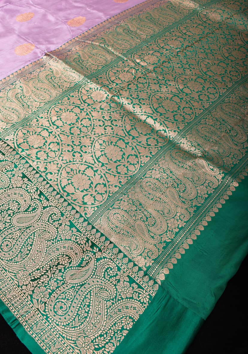 Thistle Banarasi Katan Silk Saree with Damask buttas and Rama Contrast | SILK MARK CERTIFIED view 4