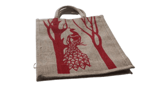 Eco-Friendly Jute Handbag with Red Peacock Design