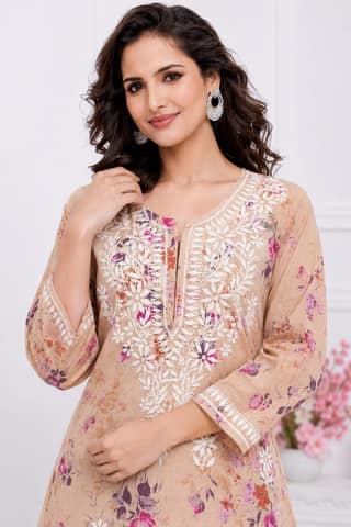 Women's Peach Floral Printed Embroidered Kurti | Elegant Casual & Ethnic Wear