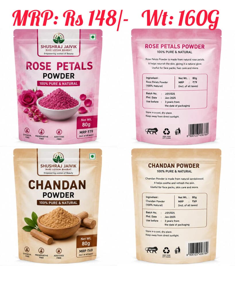 SHUSHRAJ JAIVIK Rose Petals Powder & Chandan Powder Combo Pack - 100% Pure & Natural Skin Care Powder view 2