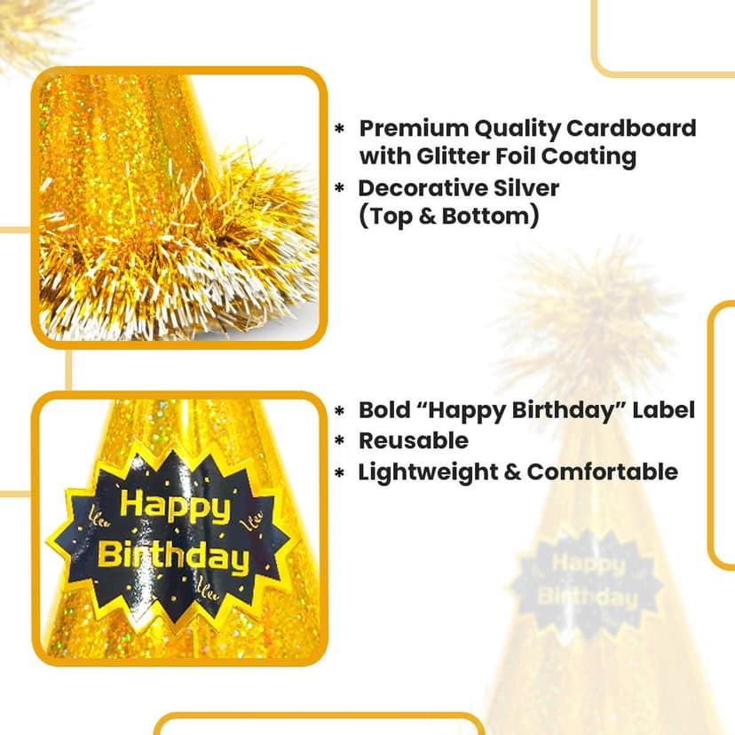 Happy Birthday Golden Glittery Hat with Fringe - 1PC view 2