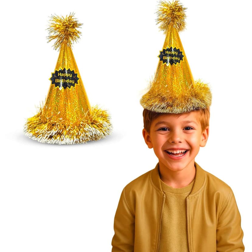Happy Birthday Golden Glittery Hat with Fringe - 1PC view 3