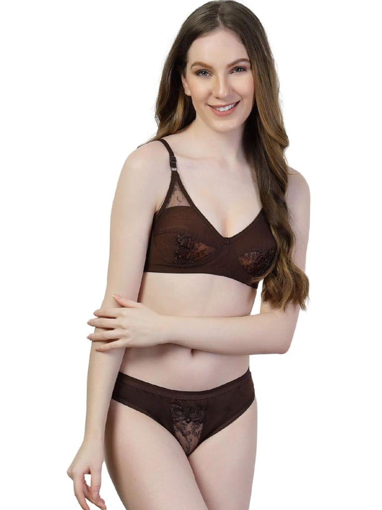 ADORNSTAR Women Brown Designer Cotton Lingerie Set | Non Wired Non Padded Full Coverage Bra with Hipster Panty | Soft Fabric Straps and Breathable and Comfortable Innerwear Set