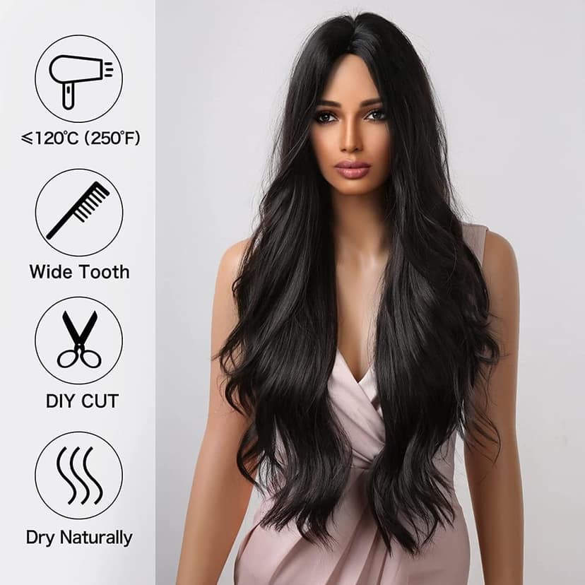 Akashkrishna Hairs Long Black Hair Wig for Women Curly Synthetic Hair Middle Part Hair Wig Heat Resistant Fiber (Black) with Cap and Comb view 2