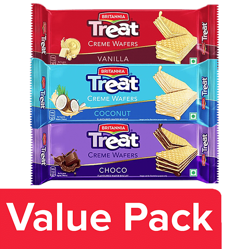 Britannia Treat Britannia Treat Wafers Chocolate + Vanilla + Coconut, 55g, Combo