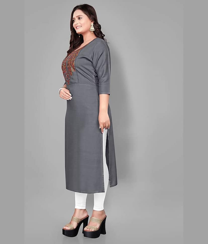 RIAANA - Grey Rayon Women's Straight Kurti ( Pack of 1 ) view 2