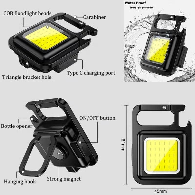 Rechargeable COB Keychain Flash Light Super Bright Mini Emergency LED Torch 800 Lumen Portable Magnetic Base Keyring 3 Lighting Modes USB Charging Flashlight with 2 Small Night Lamps view 4