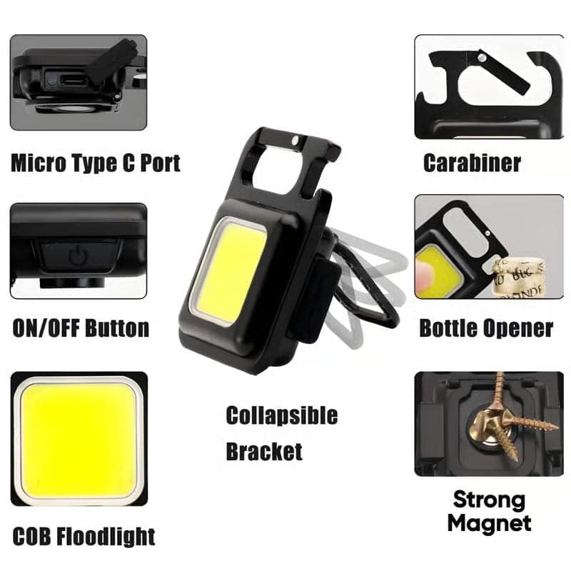 Rechargeable COB Keychain Flash Light Super Bright Mini Emergency LED Torch 800 Lumen Portable Magnetic Base Keyring 3 Lighting Modes USB Charging Flashlight with 2 Small Night Lamps view 5