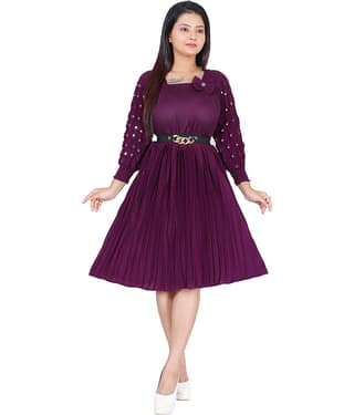 NEWSIFA Women Cotton Blend Embellished Fit & Flare Dress ( Maroon )