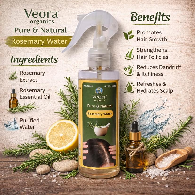 Veora Organics Rosemary Water Hair Spray | Pure & Natural Rosemary Hair Growth Spray | Strengthens Hair Follicles, Reduces Dandruff & Hair Fall | Herbal Scalp Treatment | 200ml view 3