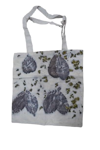 TULIP Traditional Artisians' Upliftment Livelihood Program Canvas Tote Bag with Leaf Print, Grey Handles, Reusable Shopping Bag