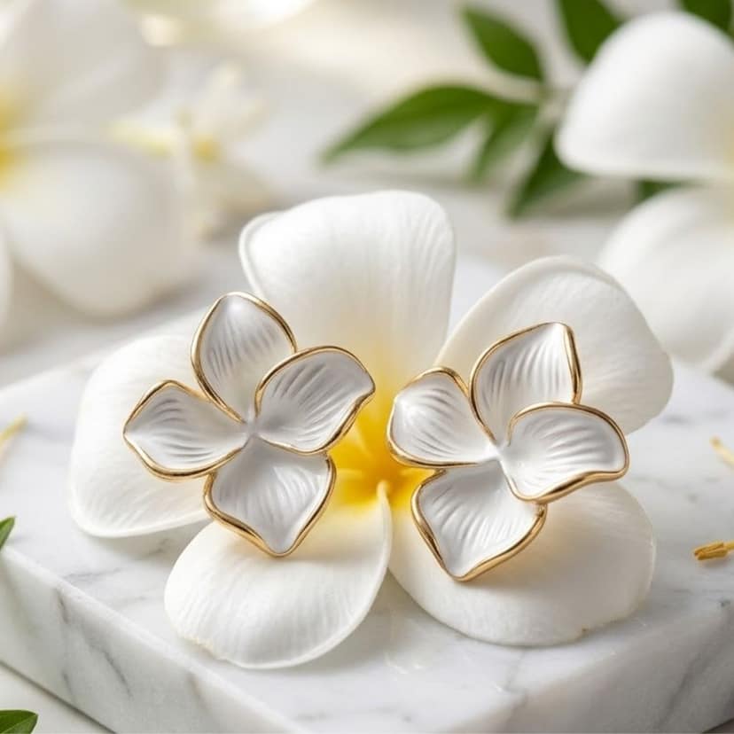 Elegantra White Flower Stud Earrings for Women and Girls | 18K Gold Plated Waterproof Stainless Steel Floral Tops | Anti-Tarnish Premium Korean Western Jewelry view 3
