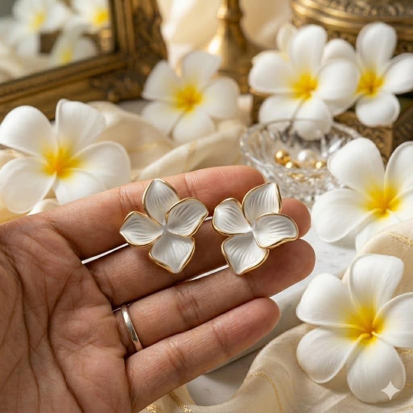 Elegantra White Flower Stud Earrings for Women and Girls | 18K Gold Plated Waterproof Stainless Steel Floral Tops | Anti-Tarnish Premium Korean Western Jewelry view 6