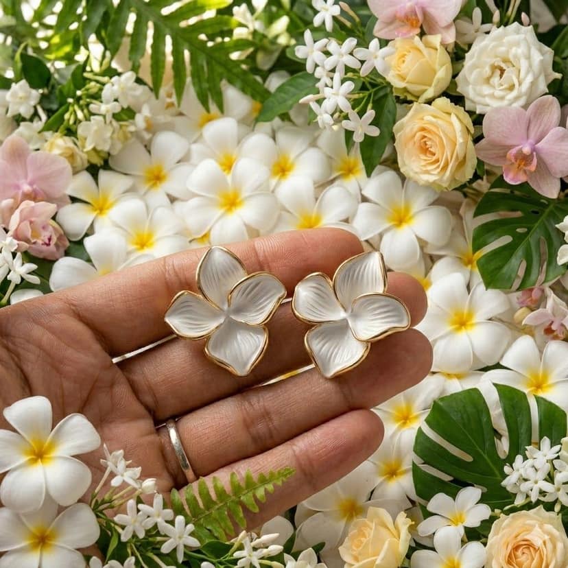 Elegantra White Flower Stud Earrings for Women and Girls | 18K Gold Plated Waterproof Stainless Steel Floral Tops | Anti-Tarnish Premium Korean Western Jewelry view 8