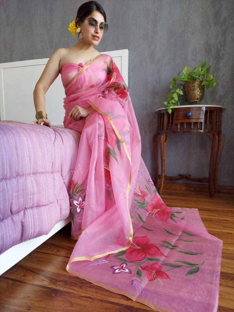 Organza Silk Saree Purple Color Hand Painted with running blouse-4417