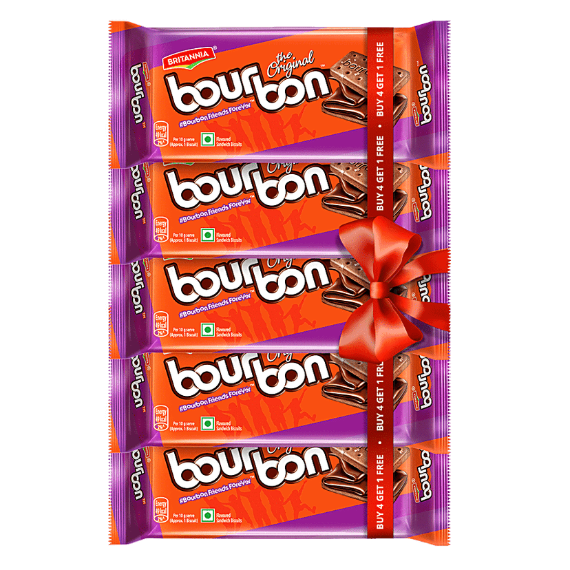 Britannia Bourbon Chocolate Cream Biscuits,(4+1 Free), 500 g (Pack of 5)